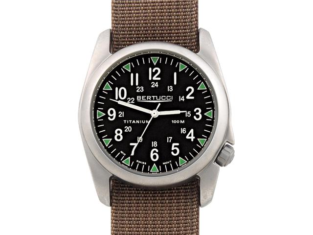 Bertucci A 4T Vintage 44 Yankee Men's Titanium Watch   Dark Khaki Nylon Strap   Black Yankee Dial   13407