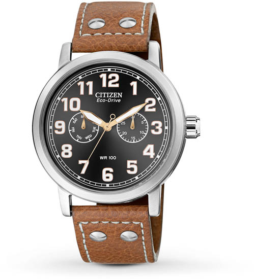 Citizen AO9030 05E Avion Stainless Steel Case Black Dial Day and Date Display Brown Leather Strap