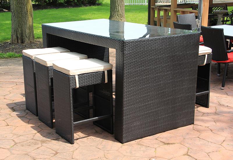 7 Piece Black Resin Wicker Outdoor Furniture Bar Dining Set   Beige Cushions