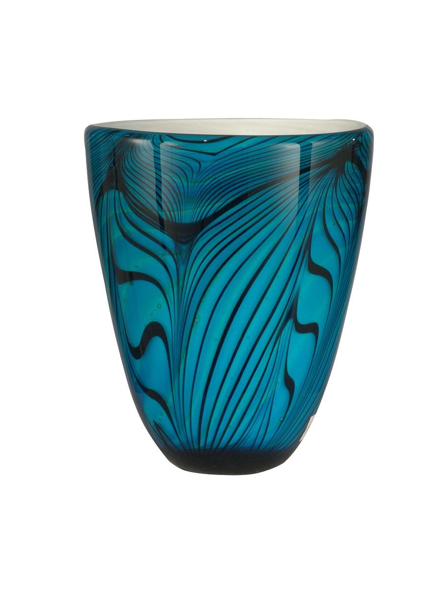 9" Black and Blue Wave Decorative Hand Blown Glass Vase