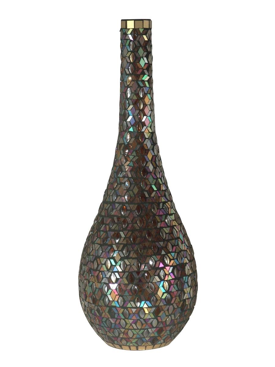 22" Gold and Blue Peacock Mosaic Decorative Hand Blown Glass Tall Vase