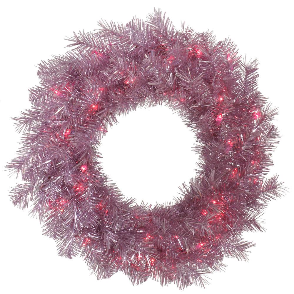 36" Pre Lit Orchid Pink Tinsel Artificial Christmas Wreath   Pink Lights 