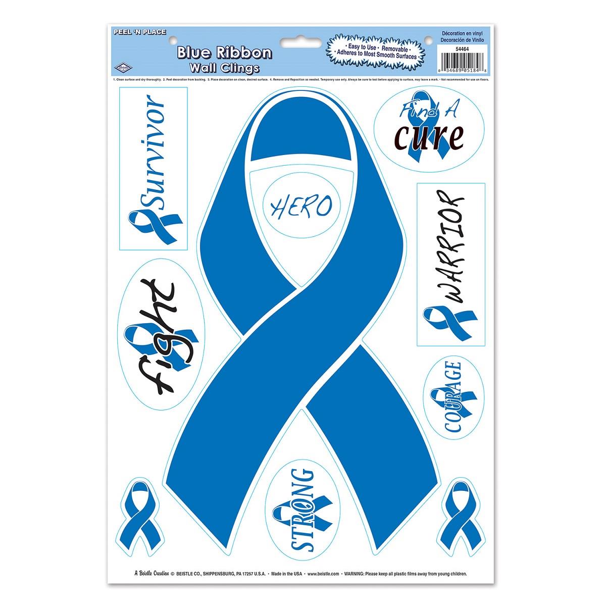 Club Pack of 120 Blue Ribbon Peel 'N Place Awareness Decal Decoration 17"