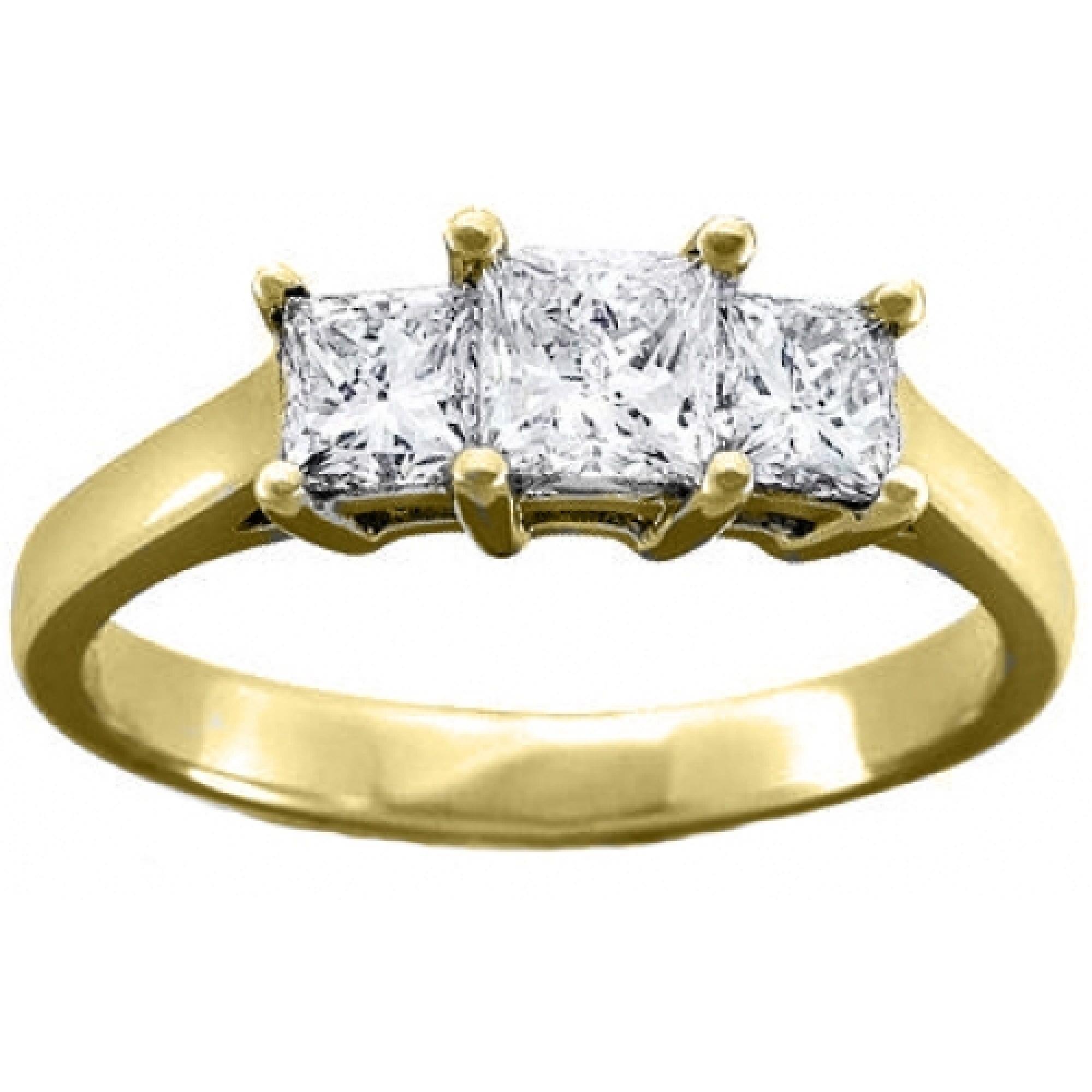 14K Yellow Gold 0.85 Carat Genuine 3 Stone Classic Princess Certified Diamond Engagement Ring Designed in France by Paris Jewelry