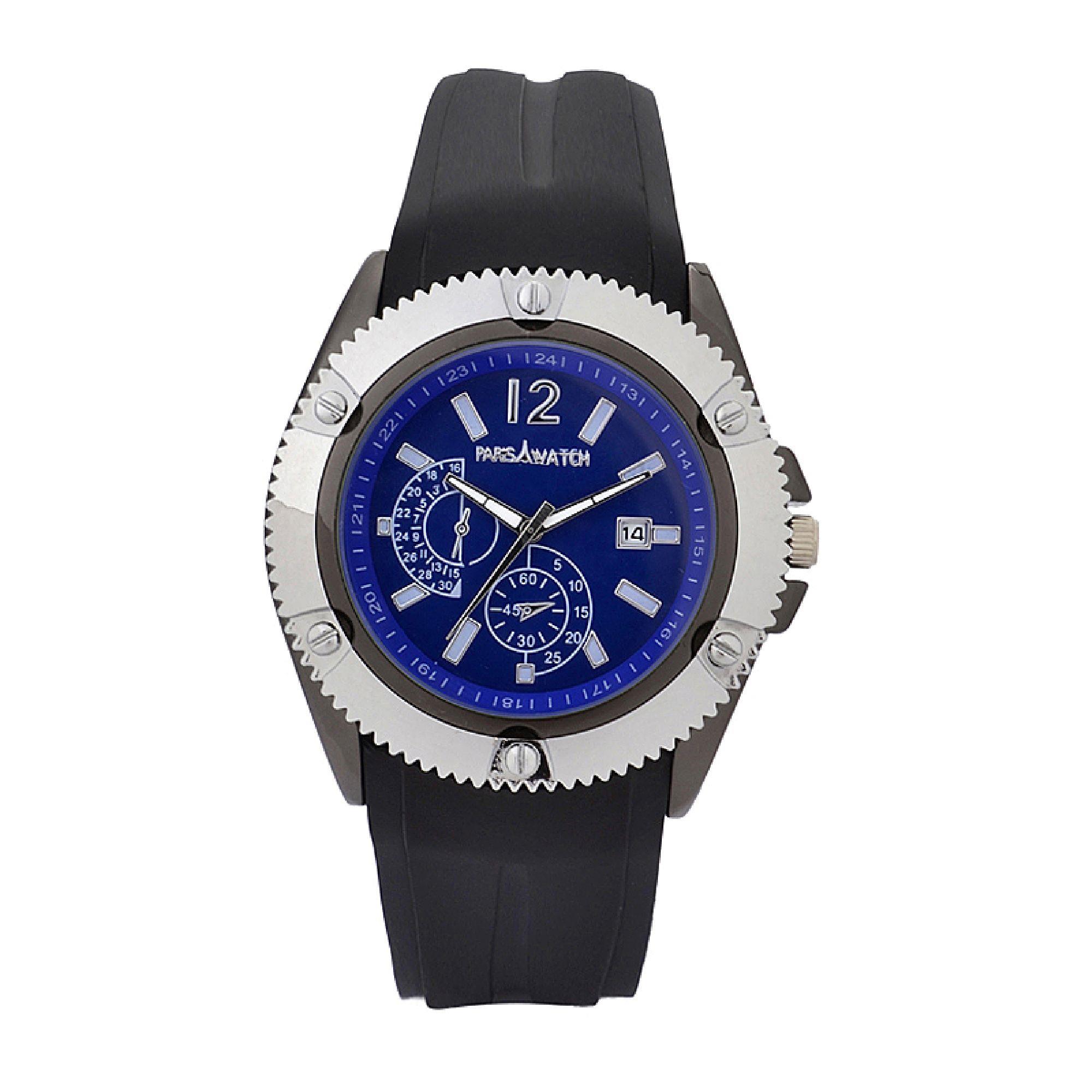 Men Silicone Watch Fashion Quartz Calendar Date Blue Dial Stainless Steel Designed in France by ParisWatch