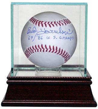 Bud Harrelson signed Official Major League Baseball '69/'86 W.S. Champs w/ Glass Case (New York Mets)