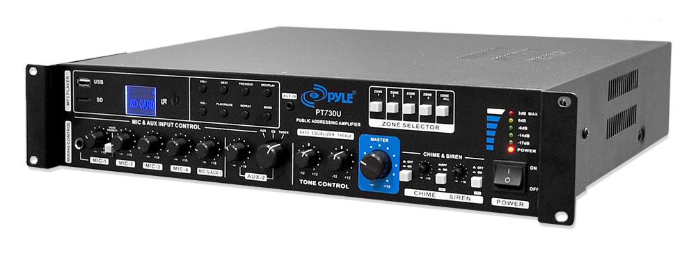 Pyle   375 Watt PA Amplifier with 5 Mic Inputs, Mic Talk Over Function, USB & Micro SD Card Readers, AUX Input & 4 Ohm, 8 Ohm, 70V, 100V Outputs