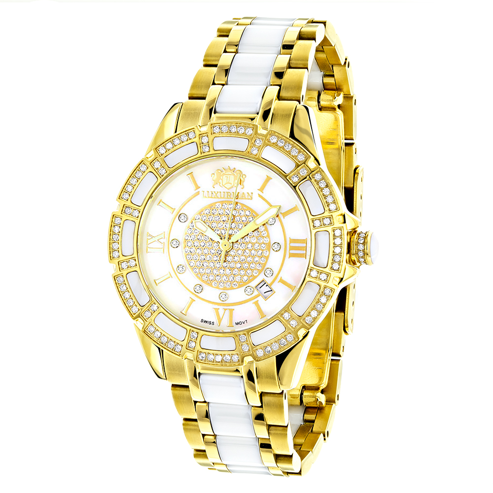 Luxurman Women's 'Galaxy' Yellow Gold Ceramic 1.25ct Diamond Watch