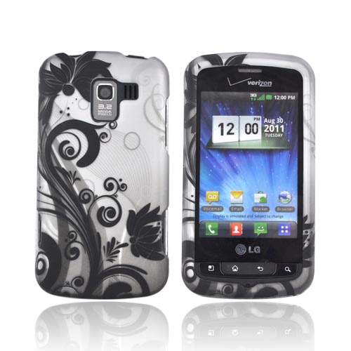 LG Enlighten Vs700 Rubberized Hard Plastic Case Snap On Cover   Black Vines & Flowers On Silver