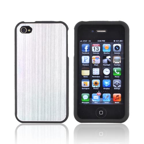 AT&t/ Vzw Apple Iphone 4, Iphone 4s Rubberized Hard Plastic Case Snap On Cover W/ Aluminum Back   Silver/ Black