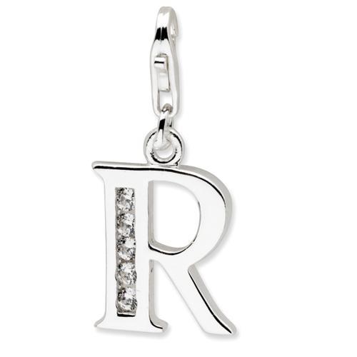 CZ Letter R Lobster Clasp Charm in Sterling Silver