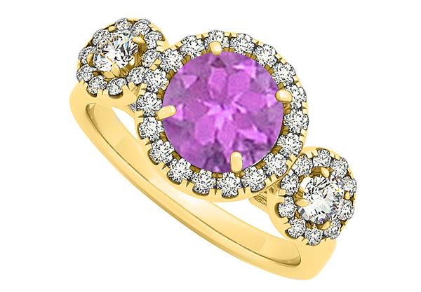 Triple Halo Two Stone Amethyst and Cubic Zirconia Engagement Ring