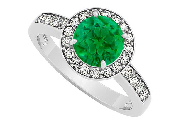 Four Prong Set May Emerald and Cubic Zirconia April Birthstone Halo Engagement Ring