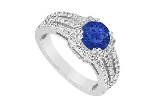 September birthstone Created Sapphire Three Row Halo Engagement Ring with Split Prong 14K White