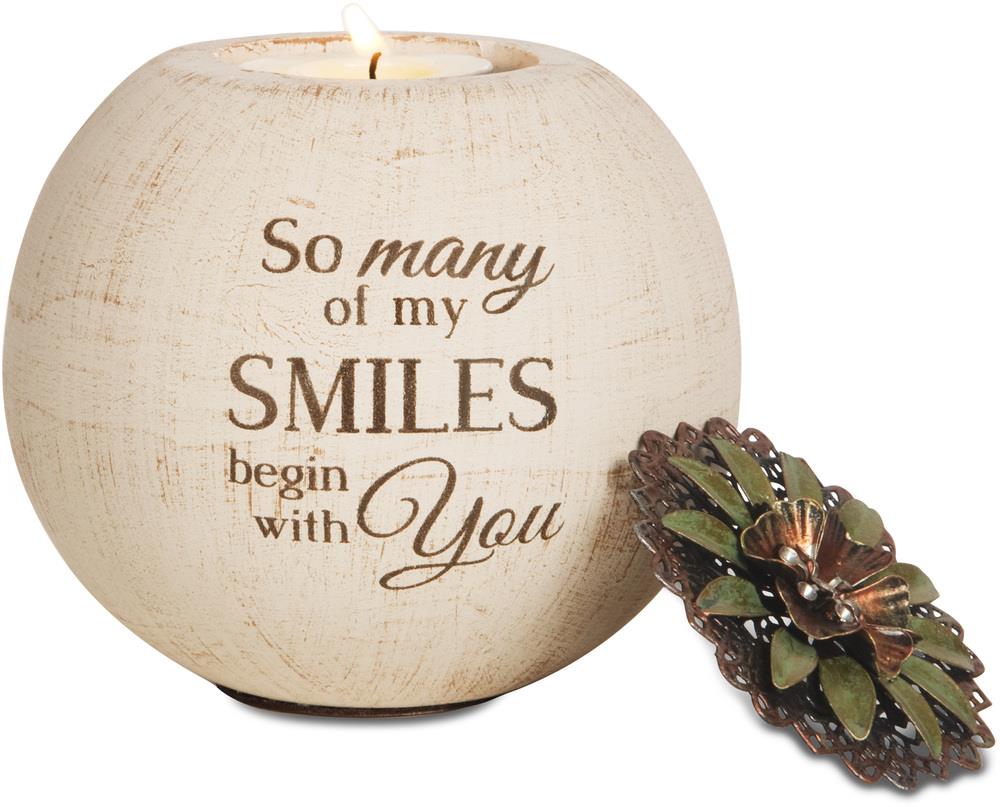 Light Your Way   "So many of my Smiles begin with You" Round Tealight Candle Holder with Floral Lid 4"