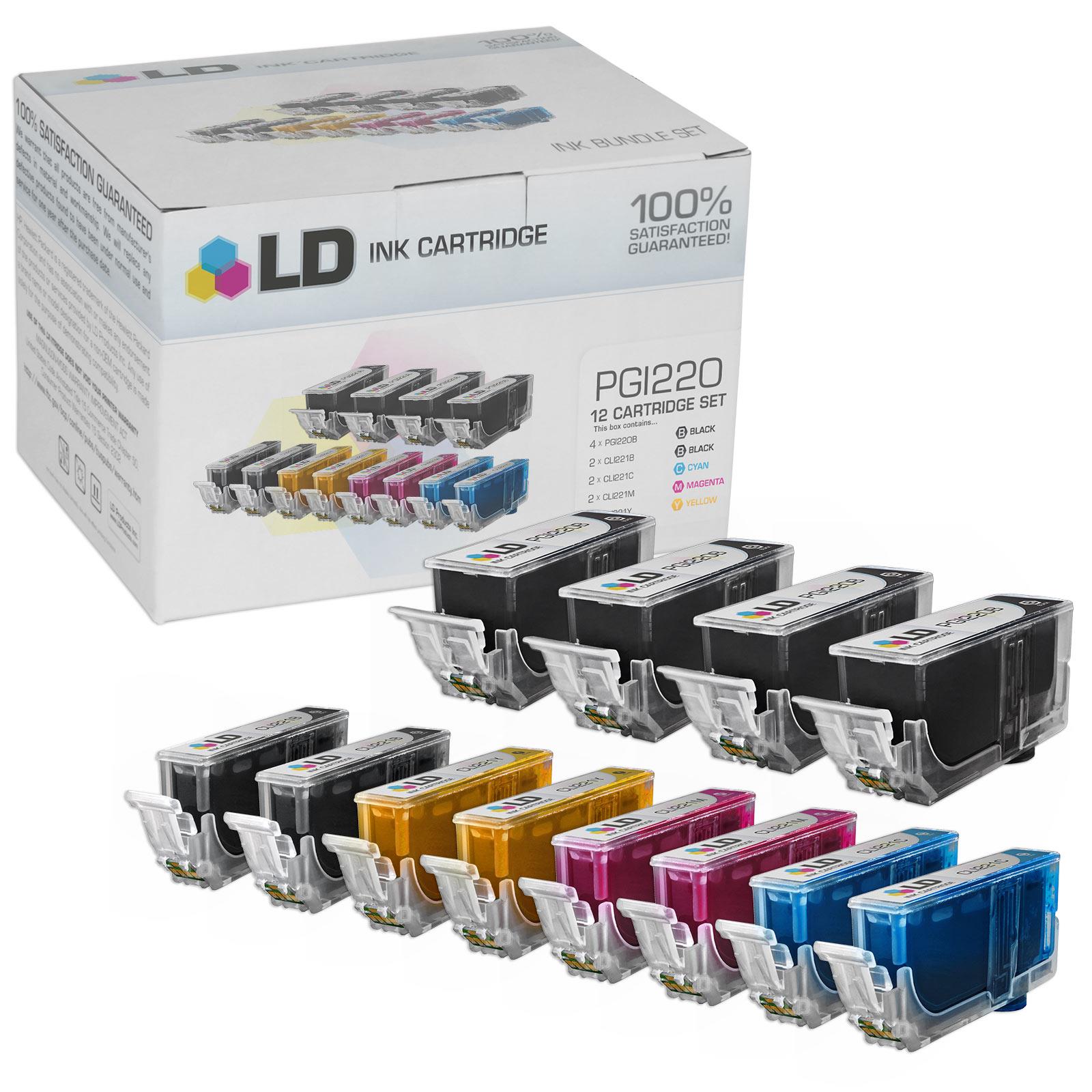 LD © Canon PGI 220 & CLI 221 Compatible Set of 12 Ink Cartridges: 4 Pigment Black PGI220 & 2 CLI221 B/C/M/Y for the PIXMA iP3600, iP4600, iP4700, MP560, MP620, MP620B, MP640, MP640R, MX860, MX870