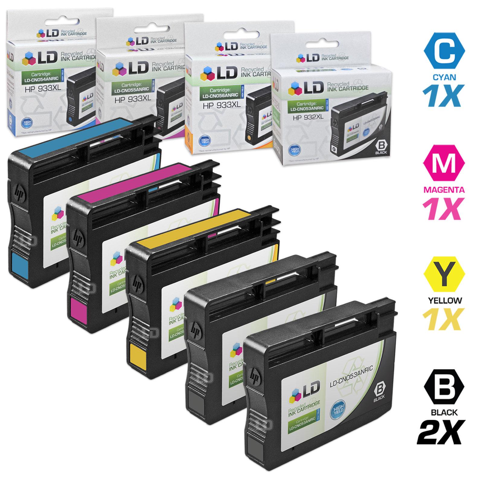LD © Remanufactured Replacements for Hewlett Packard 932XL / 932 / HP 933XL  / 933 Set of 5 Inkjet Cartridges Includes: 2 CN053AN Black, 1 CN054AN Cyan, 1 CN055AN Magenta, and 1 CN056AN Yellow