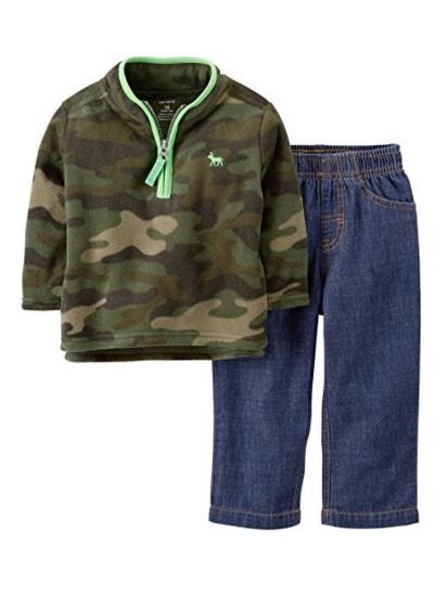 Carters Infant Boys 2 Piece Outfit Camouflage Fleece Moose Jacket & Blue Jeans 