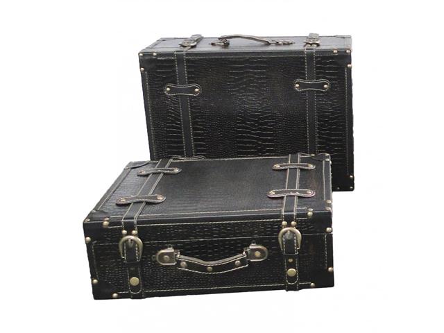 ANTIQUE STYLE SUITCASE WITH STRIPES SET OF 2 Black Leathe