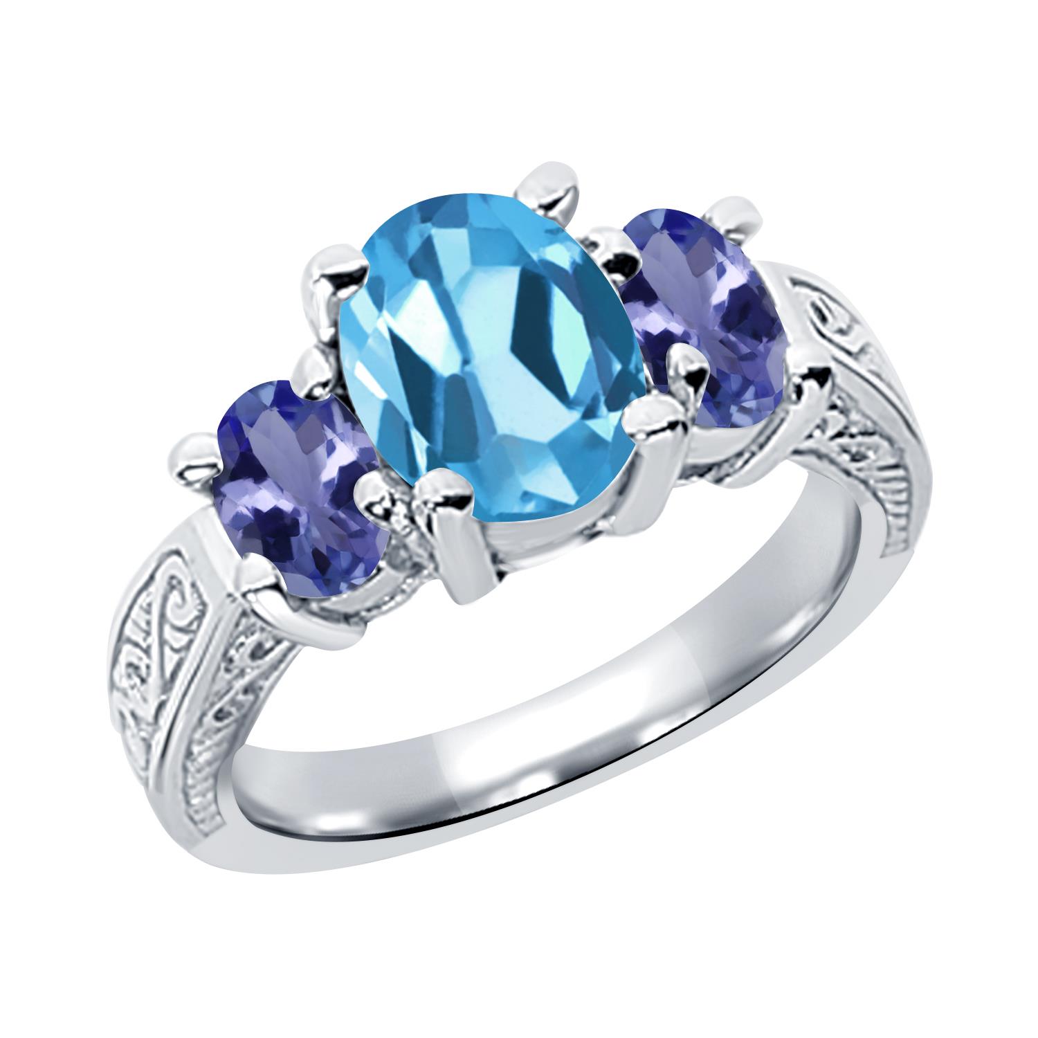 3.10 Ct Oval Swiss Blue Topaz Blue Tanzanite 18K White Gold 3 Stone Ring