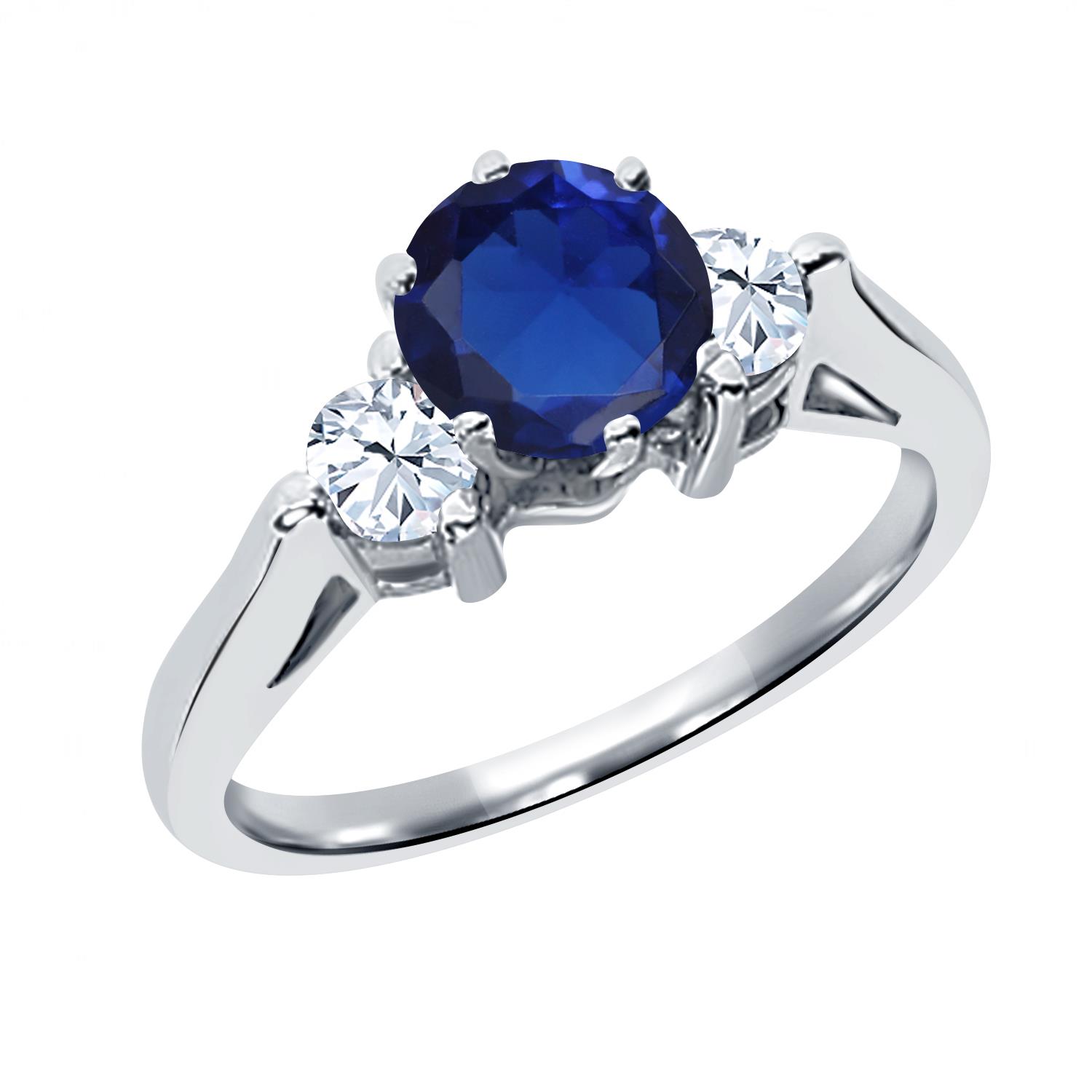 0.71 Ct Round Blue Simulated Sapphire White Topaz 925 Sterling Silver 3 Stone Ring