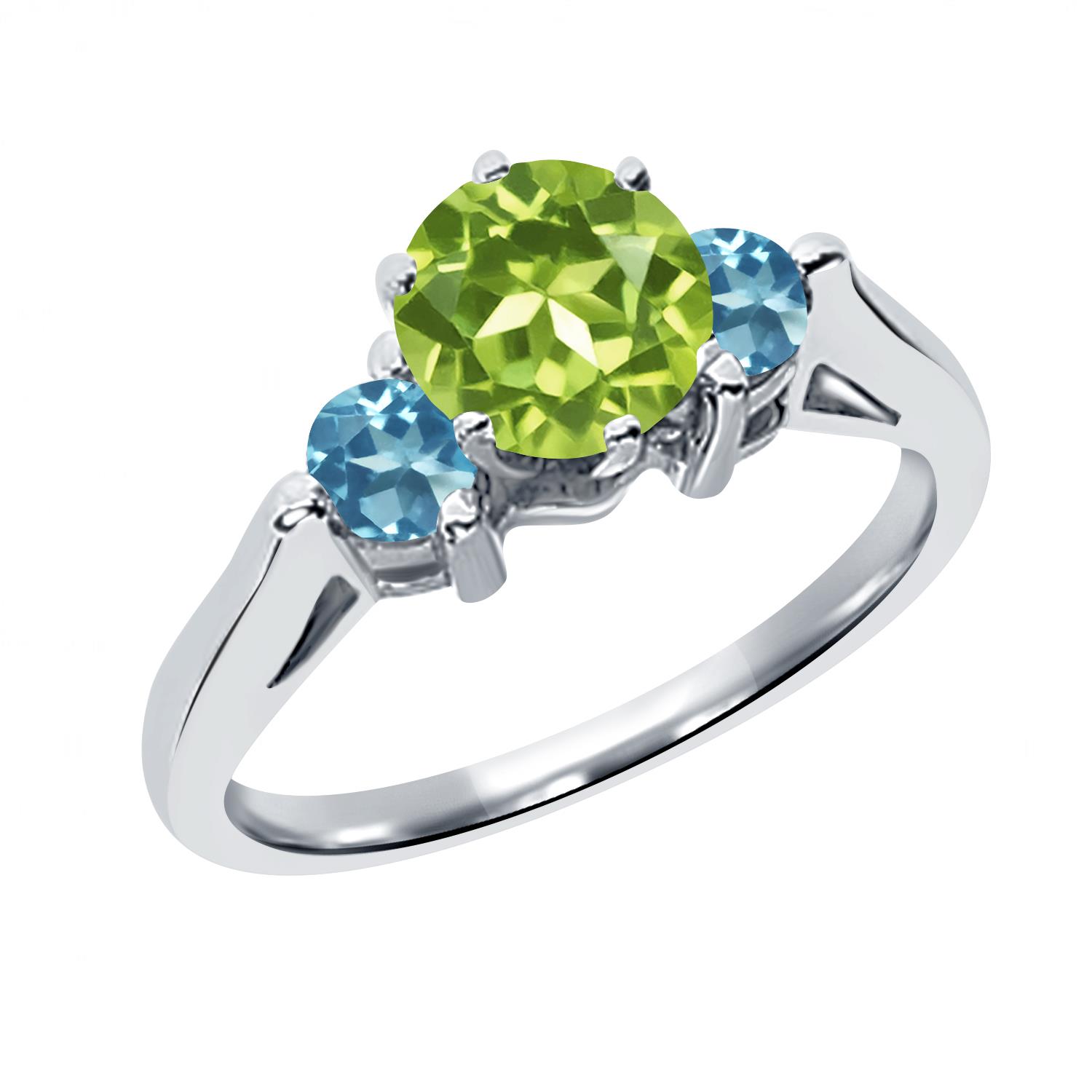 0.76 Ct Round Green Peridot Swiss Blue Topaz 925 Sterling Silver 3 Stone Ring 