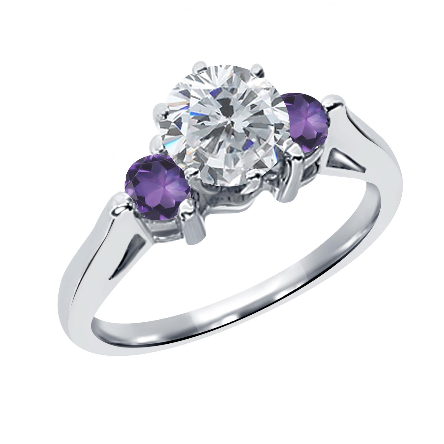 0.62 Ct Round G/H Diamond Purple Amethyst 18K White Gold 3 Stone Ring