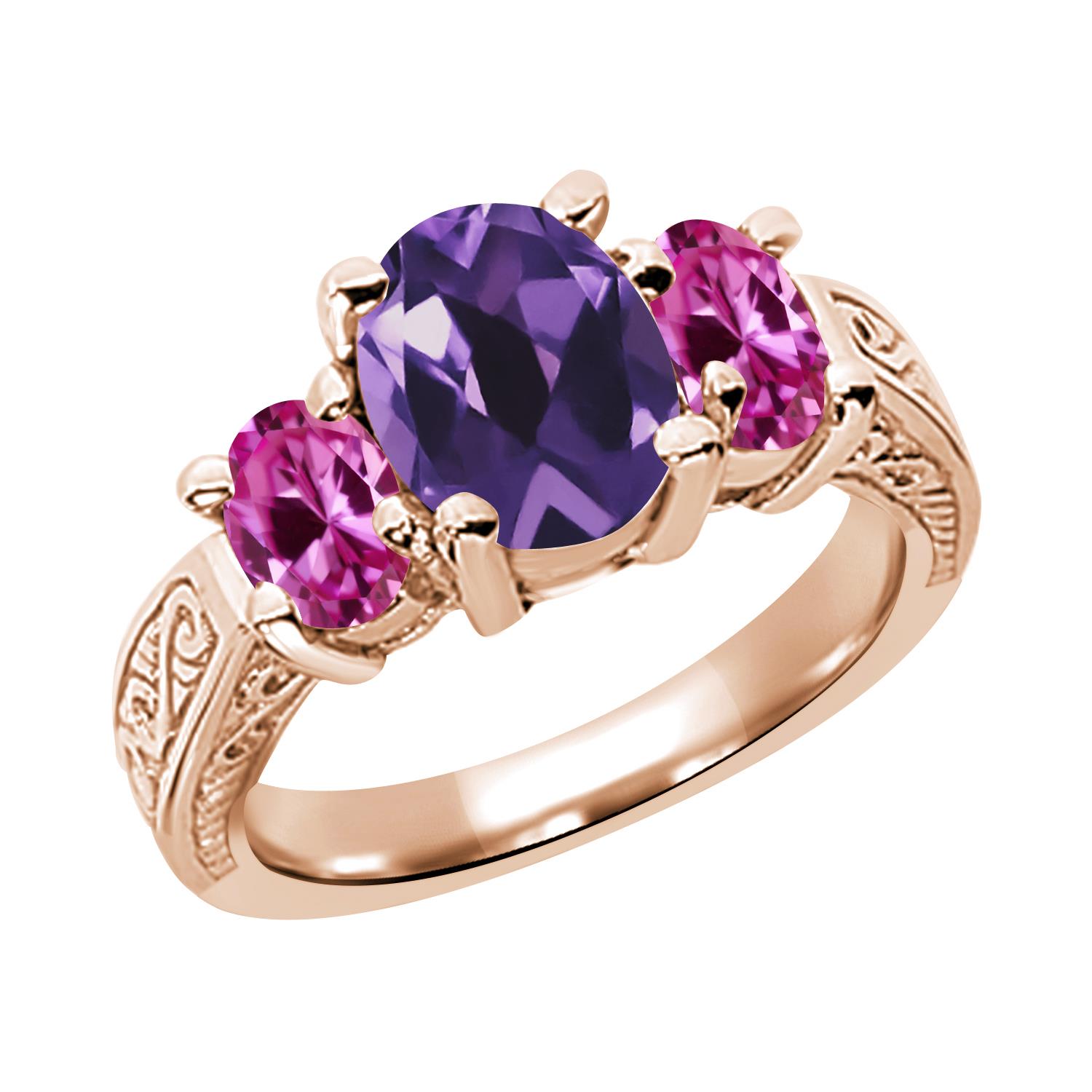 2.86 Ct Purple Amethyst Pink Created Sapphire  RG Plated Silver  Ring