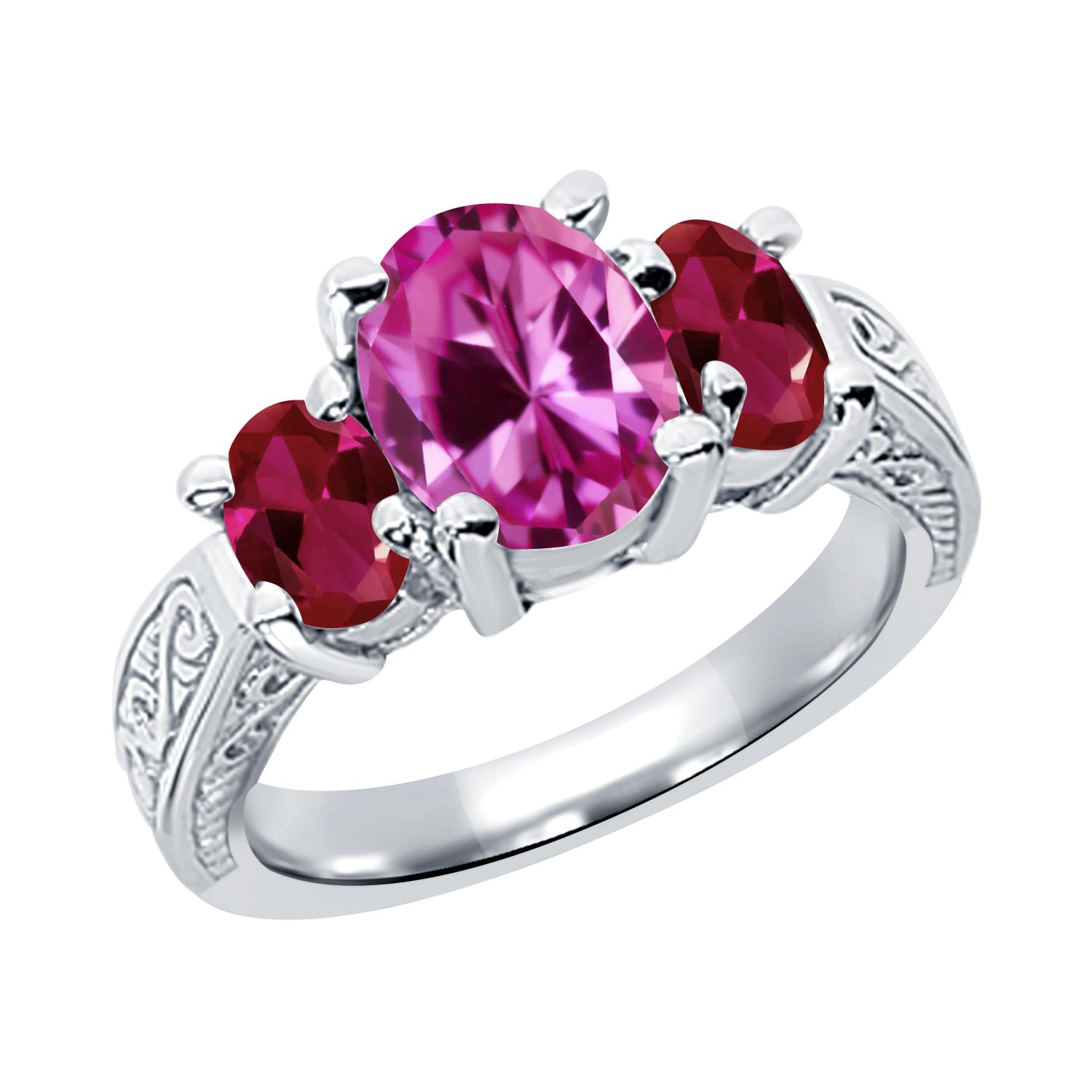 3.76 Ct Pink Created Sapphire Red Created Ruby 925 Sterling Silver 3 Stone Ring