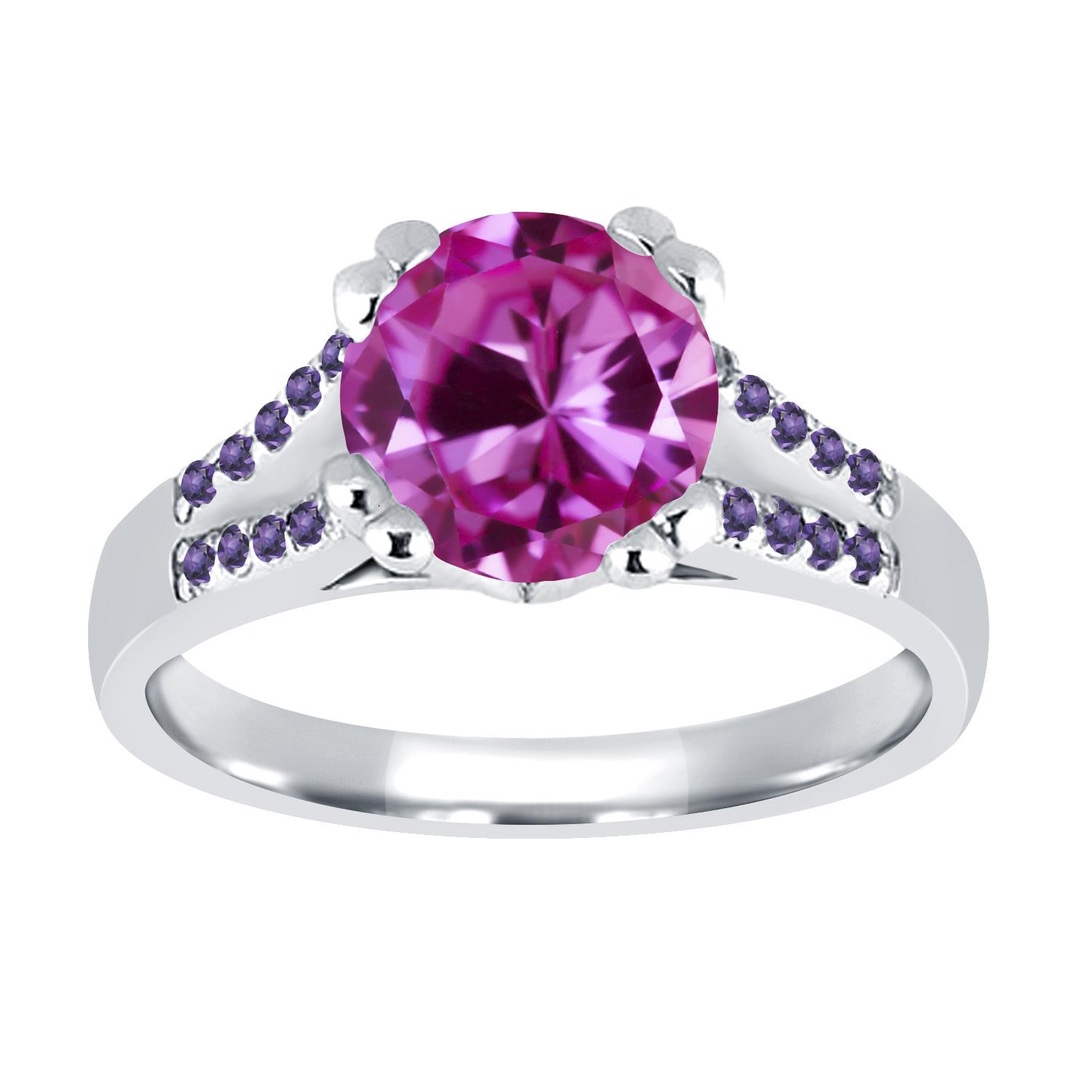1.20 Ct Round Pink Created Sapphire Purple Amethyst 18K White Gold Ring 