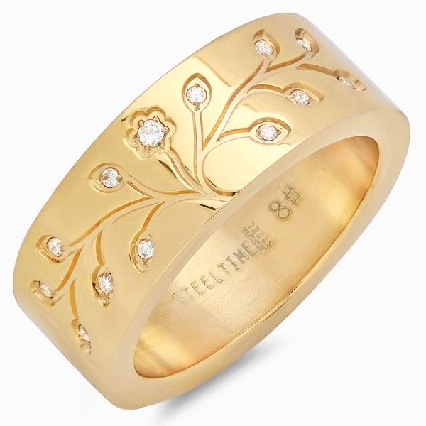 Stainless Steel Yellow Gold Tone Tree of Life Band Ring with CZ 8mm Wide