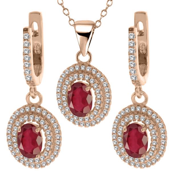 4.99 Ct Natural African Red Ruby 925 Rose Gold Plated Silver Pendant Earrings Set