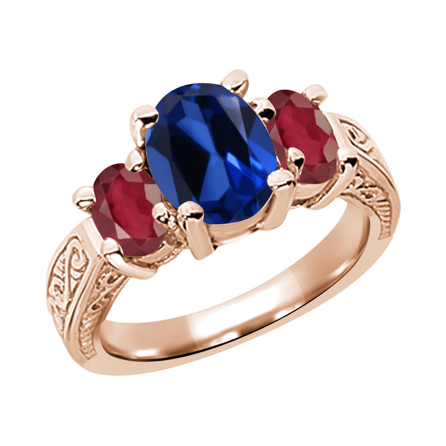 3.45 Ct Oval Blue Simulated Sapphire African Red Ruby 14K Rose Gold 3 Stone Ring