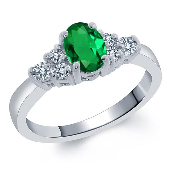 0.60 Ct Oval Green Nano Emerald White Diamond 18K White Gold Ring