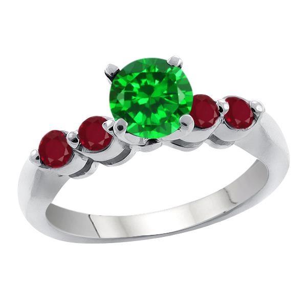 1.98 Ct Round Green Simulated Emerald Red Ruby 18K White Gold Engagement Ring