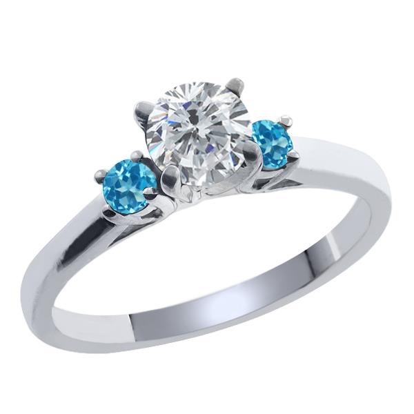 0.66 Ct Round Enhanced Diamond Swiss Blue Simulated Topaz 18K White Gold Ring