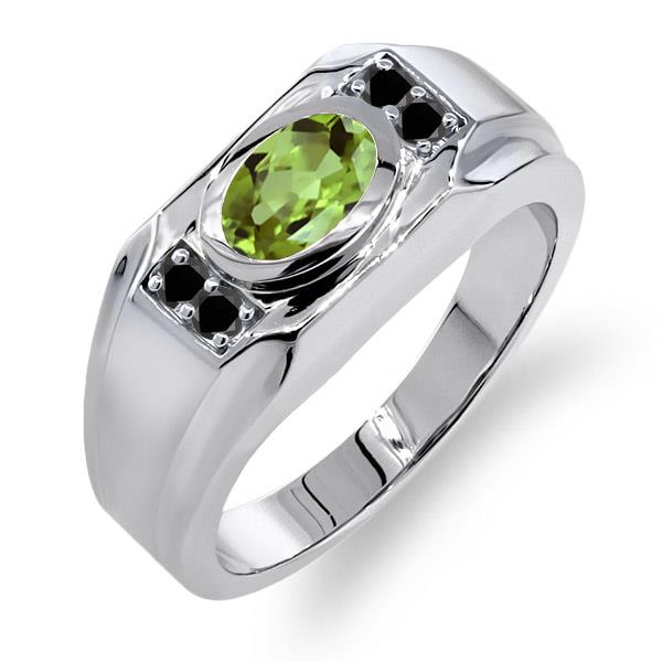 1.46 Ct Oval Green Peridot Black Diamond 925 Sterling Silver Men's Ring