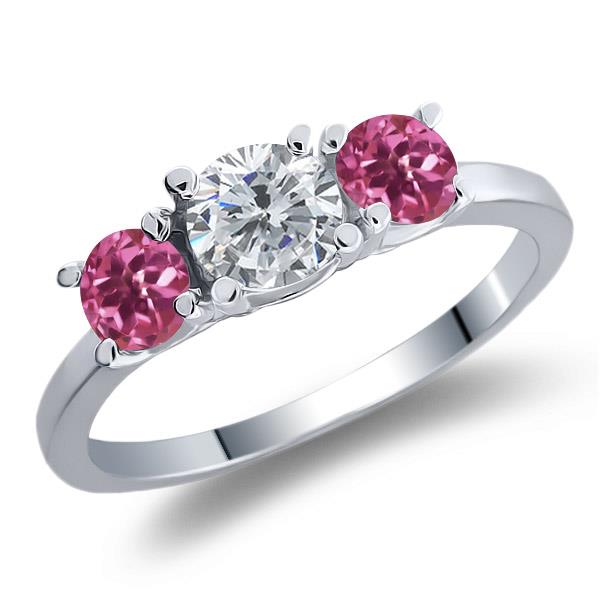 0.98 Ct Round I/J Diamond Pink Tourmaline 18K White Gold 3 Stone Ring