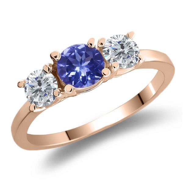 0.96 Ct Round Blue Tanzanite G/H Diamond 925 Rose Gold Plated Silver Ring