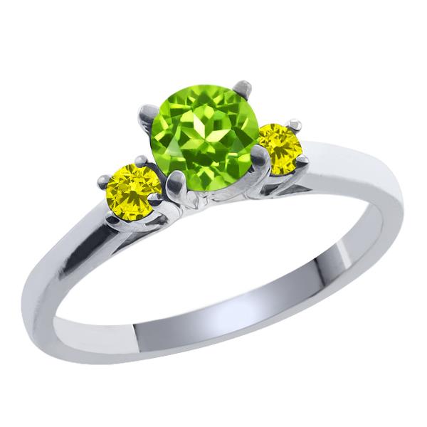 0.73 Ct Round Green Peridot Canary Diamond 925 Sterling Silver Ring