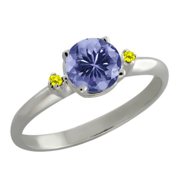 0.92 Ct Round Blue Tanzanite Canary Diamond 14K White Gold Ring