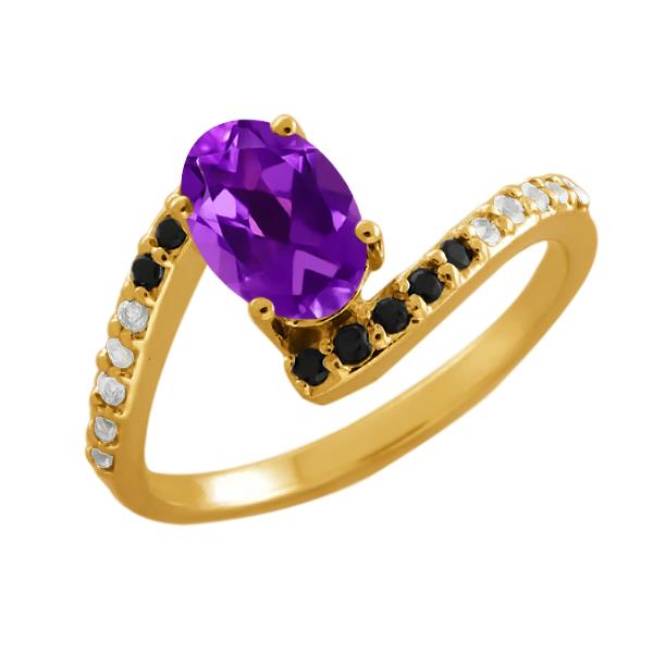 0.85 Ct Oval Purple Amethyst Black Diamond Gold Plated Sterling Silver Ring