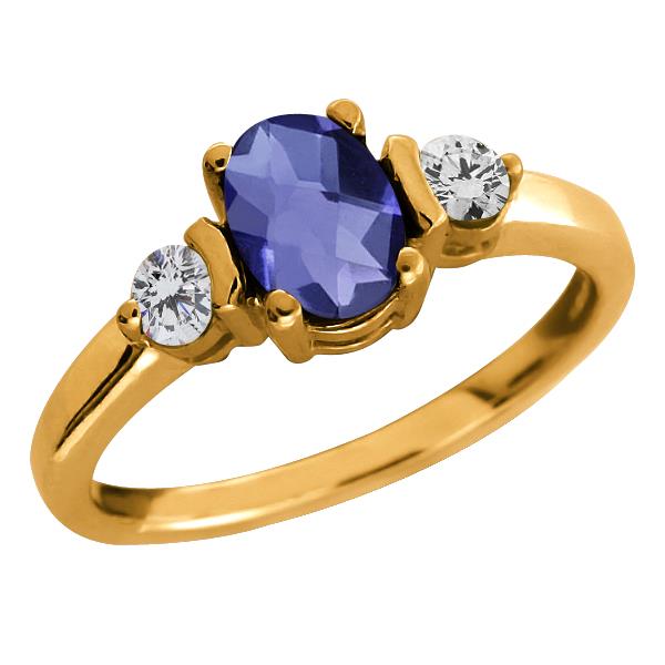 0.85 Ct Checkerboard Blue Iolite and White Diamond 14k Yellow Gold Ring