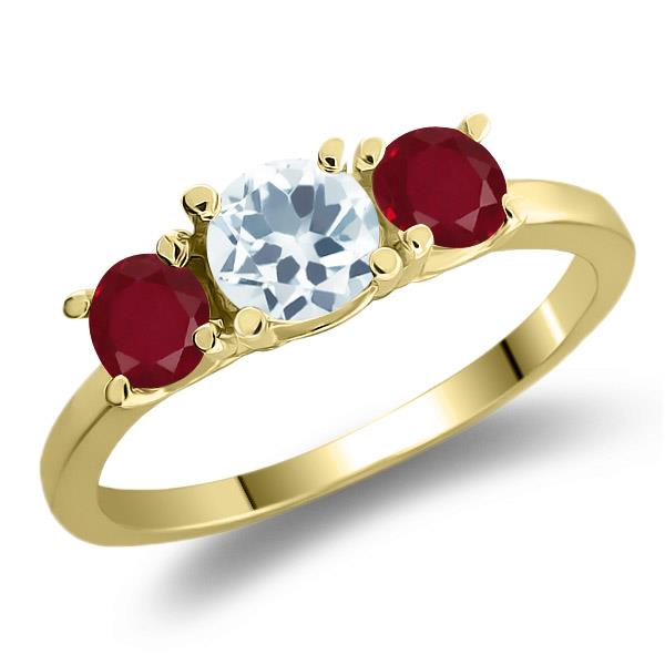 1.05 Ct Round Sky Blue Aquamarine Red Ruby 925 Yellow Gold Plated Silver Ring