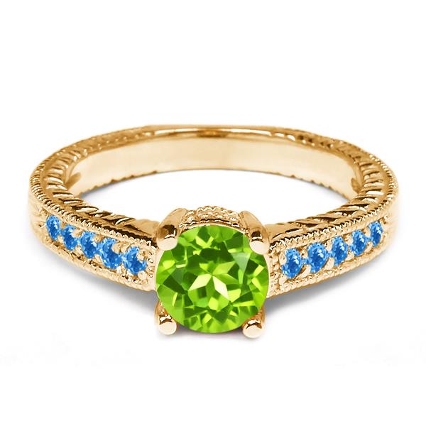 1.10 Ct Round Green Peridot Swiss Blue Topaz 14K Yellow Gold Engagement Ring 