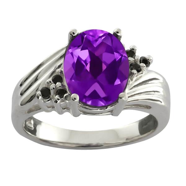 1.76 Ct Oval Purple Amethyst Black Diamond 925 Sterling Silver Ring