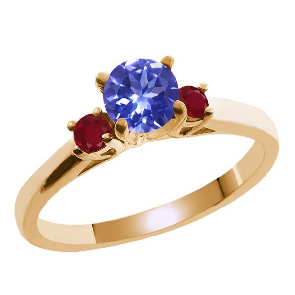 0.70 Ct Round Blue Tanzanite Red Ruby 14K Yellow Gold Ring