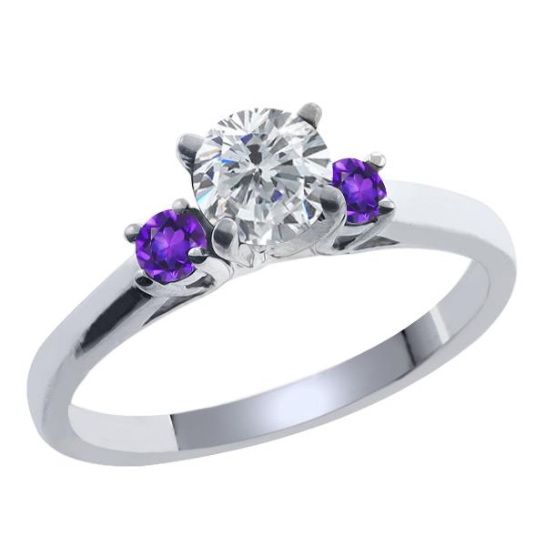 0.62 Ct Round G/H Diamond Purple Amethyst 14K White Gold Ring 