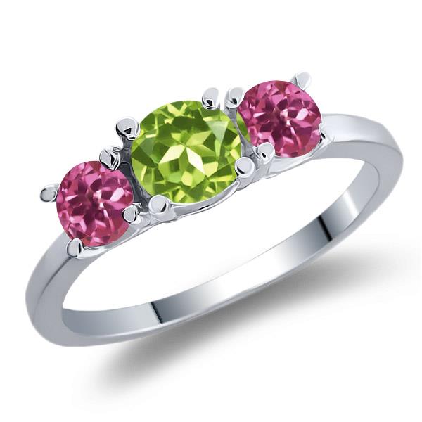 1.08 Ct Round Green Peridot Pink Tourmaline 14K White Gold 3 Stone Ring