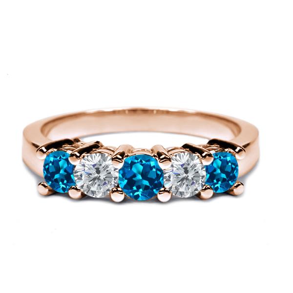 0.94 Ct Round London Blue Topaz I/J Diamond 18K Rose Gold Wedding Band Ring